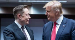 Elon Musk e Donald Trump sorrindo e se olhando, em aperto de mãos