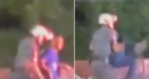 Montagem de duas fotos de policial arremessando homem de cima de ponte