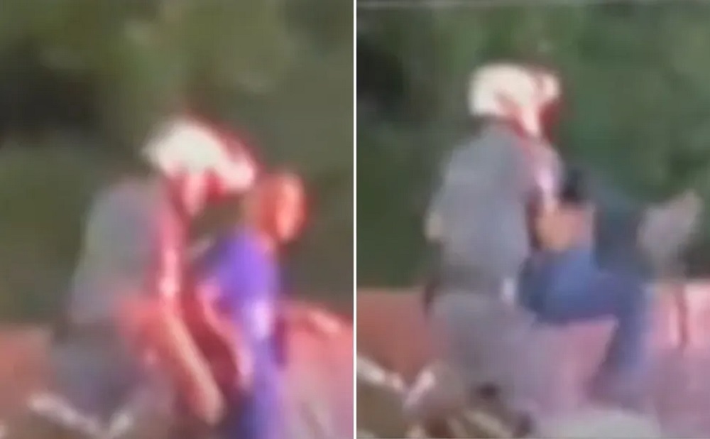Montagem de duas fotos de policial arremessando homem de cima de ponte