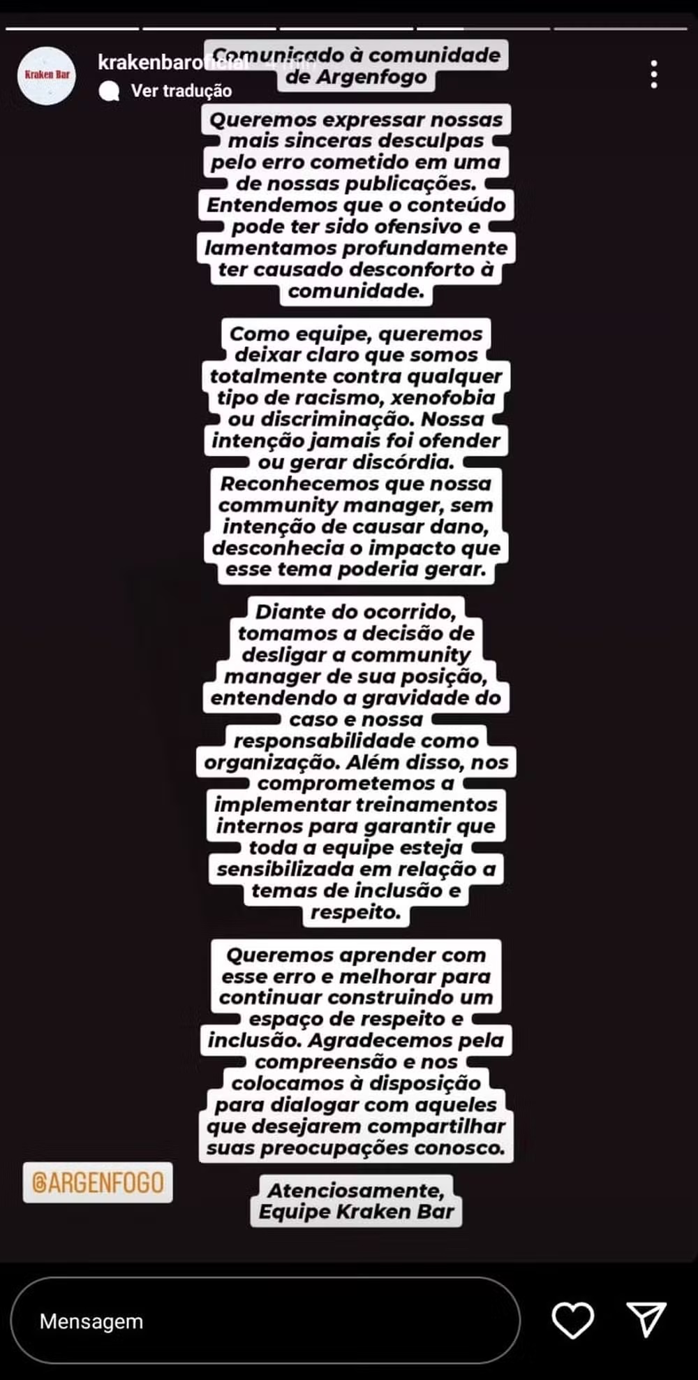 Postagem do Kraken Bar se desculpando