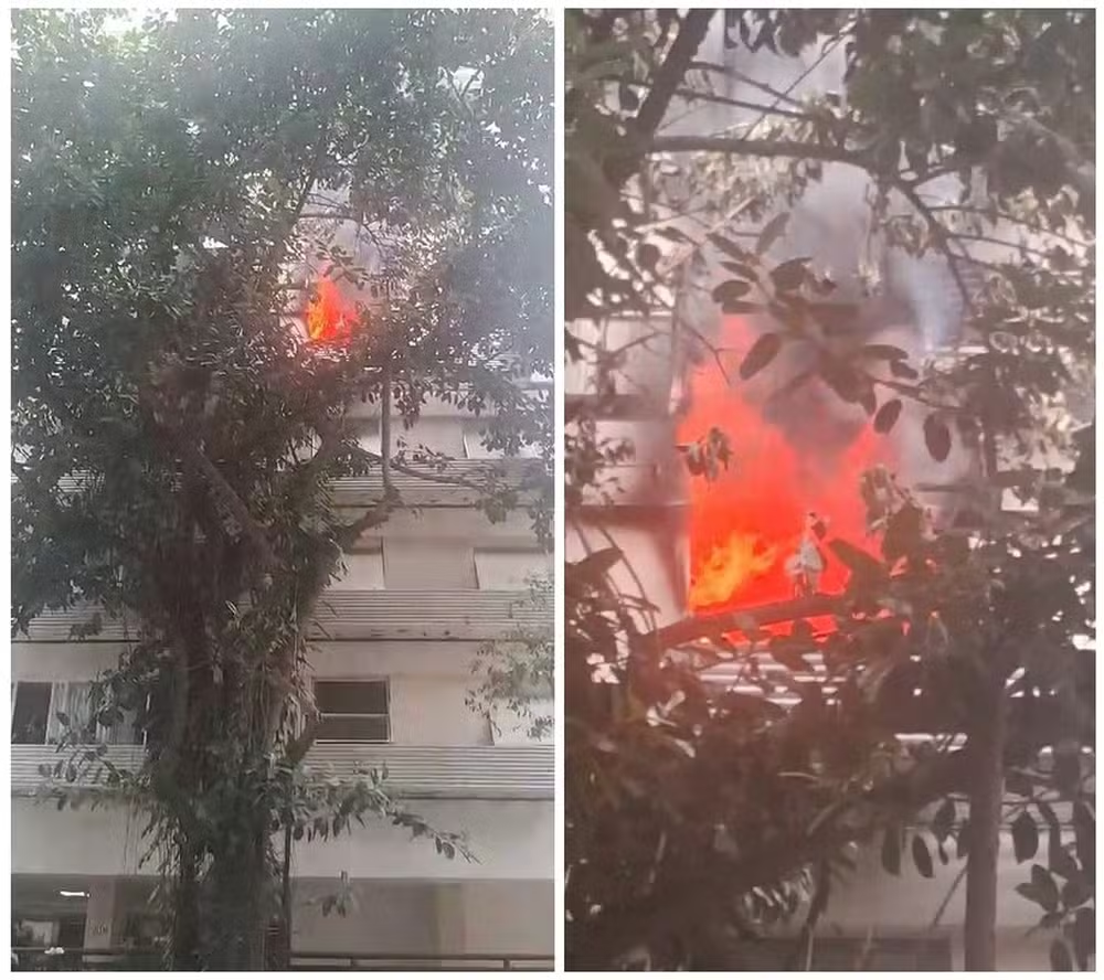 Montagem de duas fotos de apartamento de prédio na rua General Venâncio Flores, no Leblon, pegando fogo
