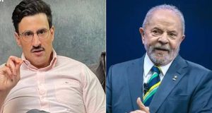Montagem de fotos de Tiago Pavinatto e Lula, ambos falando