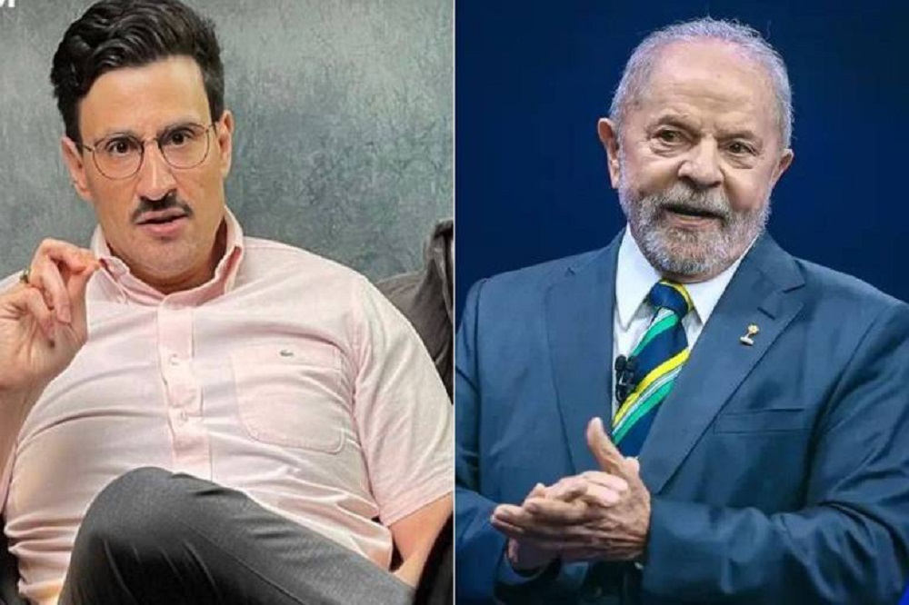 Montagem de fotos de Tiago Pavinatto e Lula, ambos falando