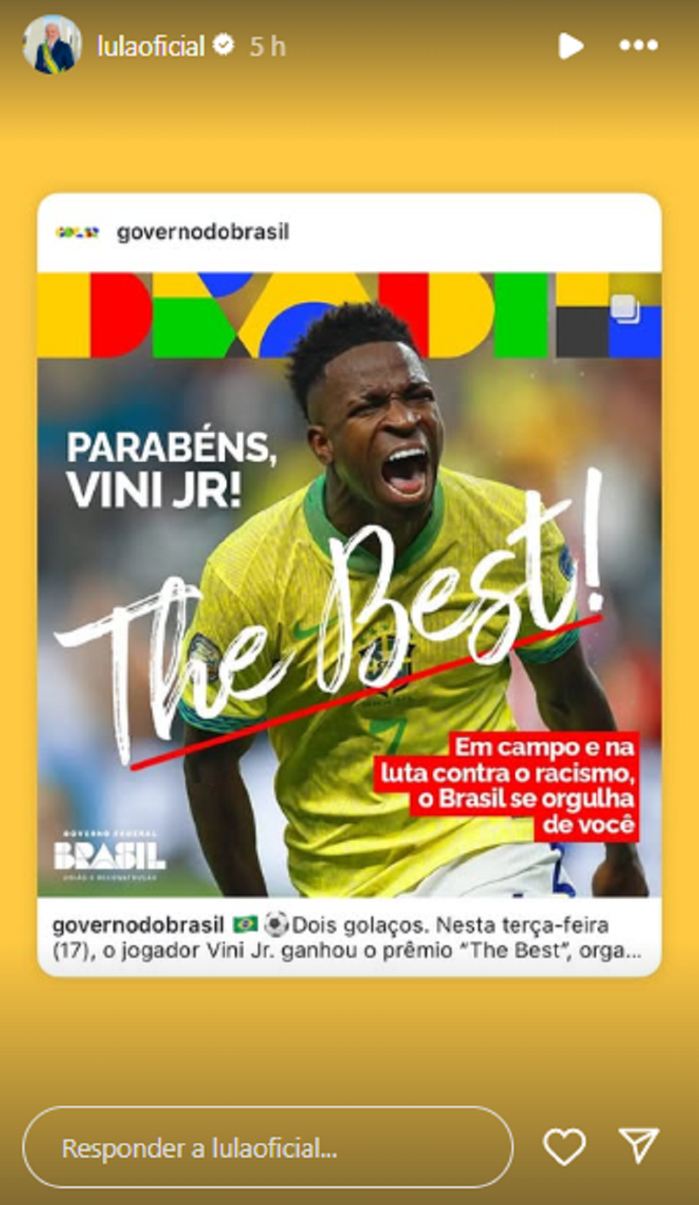 Story de Lula parabenizando Vini Jr.