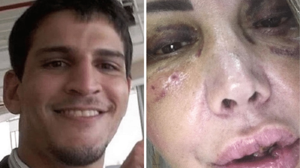 Montagem de fotos de Vinícius Serra e Elaine Caparroz na época de agressão