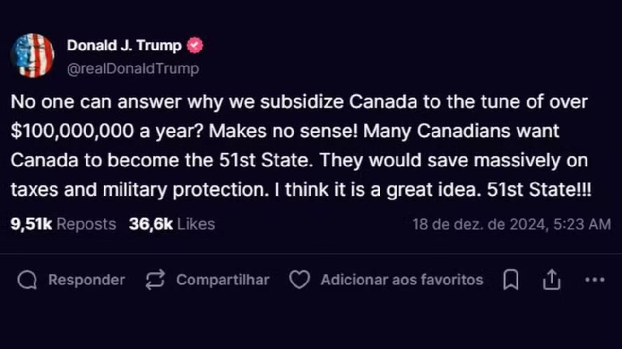 Print de postagem de Donald Trump no X sobre Canadá