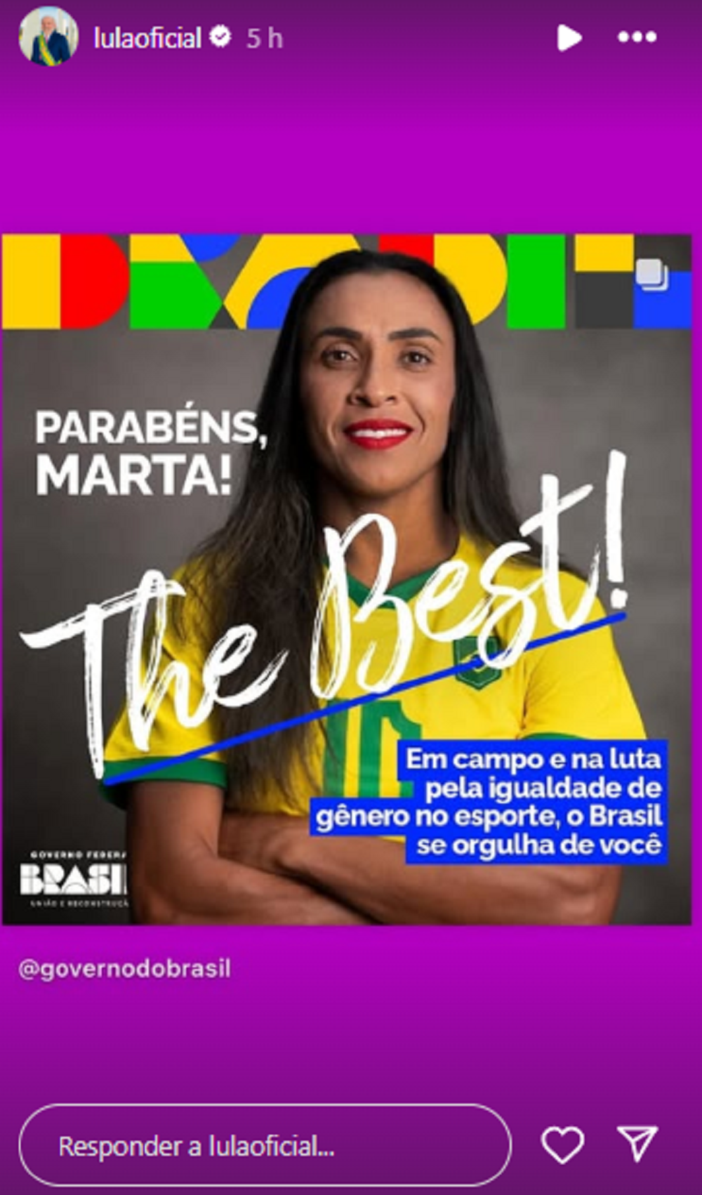 Story de Lula parabenizando Martha