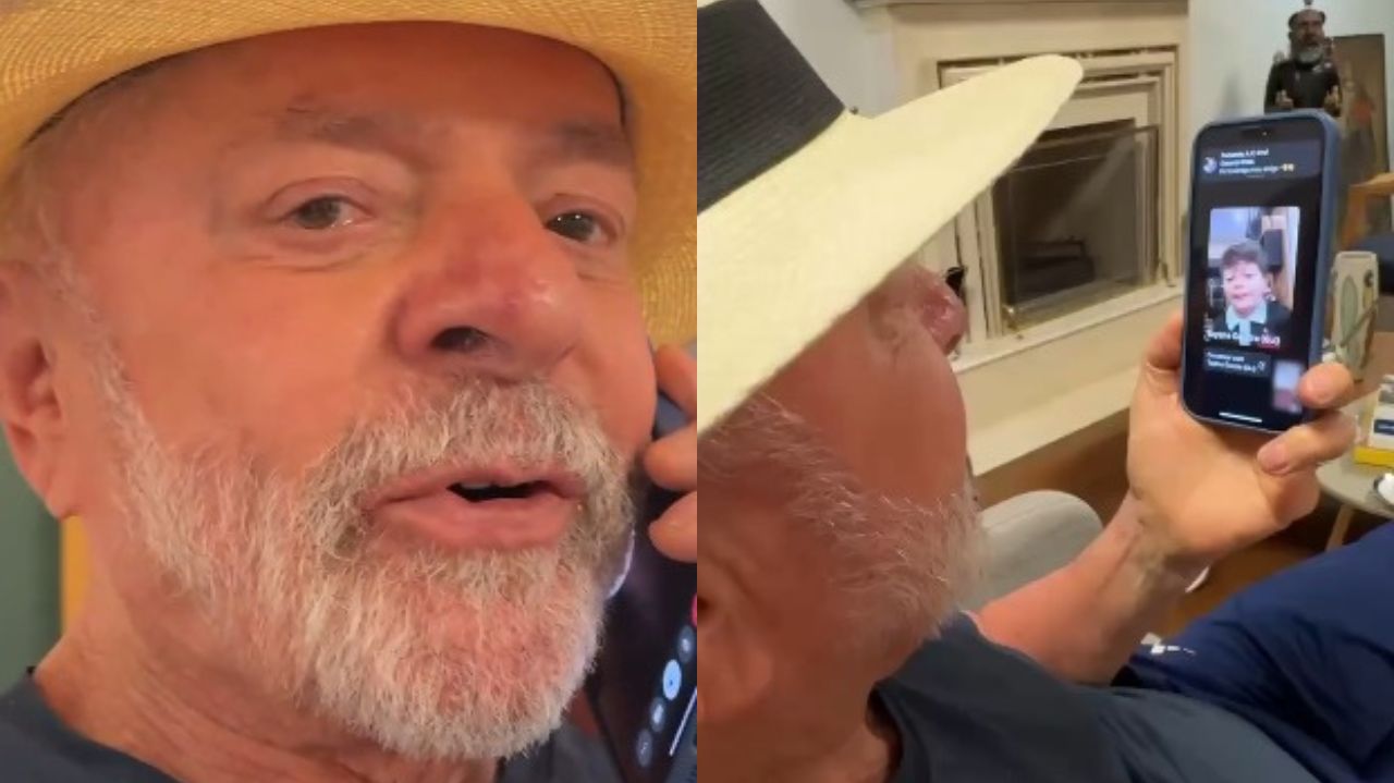 Montagem de duas fotos do presidente Luiz Inácio Lula da Silva (PT) em ligação com Guilherme Gandra - Reprodução/X
