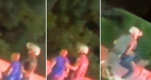 Montagem de três fotos de policial jogando homem de ponte