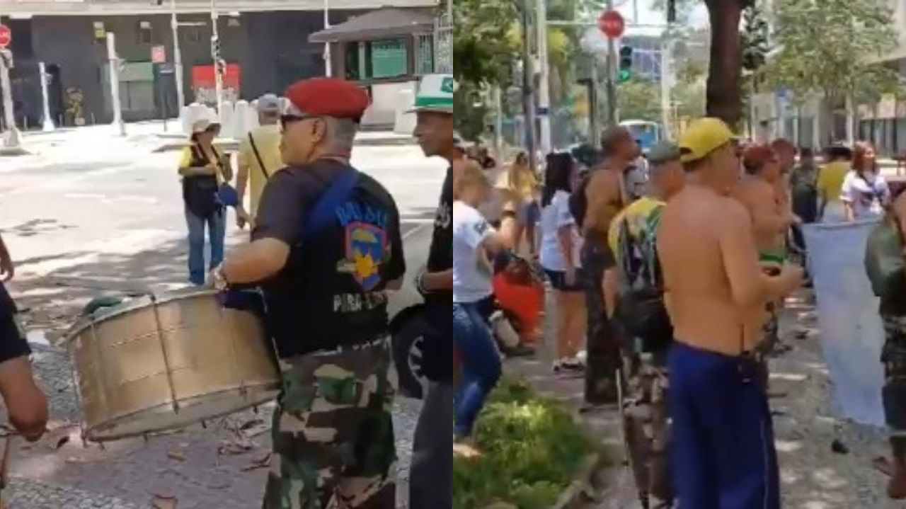 Montagem de duas fotos de bolsonaristas na porta da Embaixada dos Estados Unidos no Rio de Janeiro