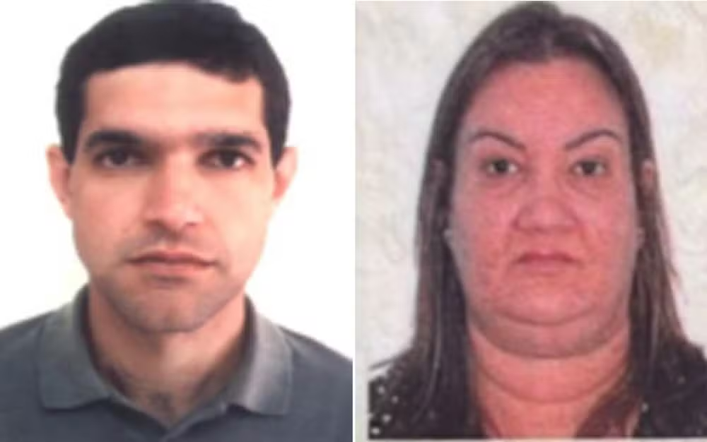 Montagem de fotos de Guilherme Osório de Oliveira e a esposa dele, Marina Célia Lopes da Cruz Oliveira, ambos sérios e olhando pra frente