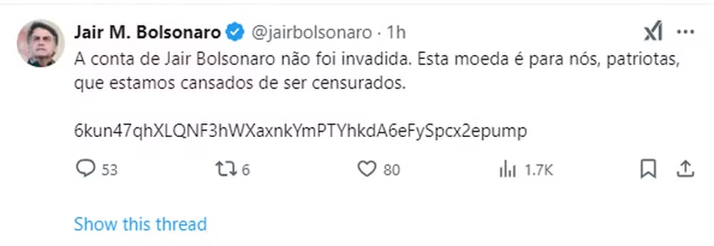 Print de tweet de hacker na conta de Jair Bolsonaro