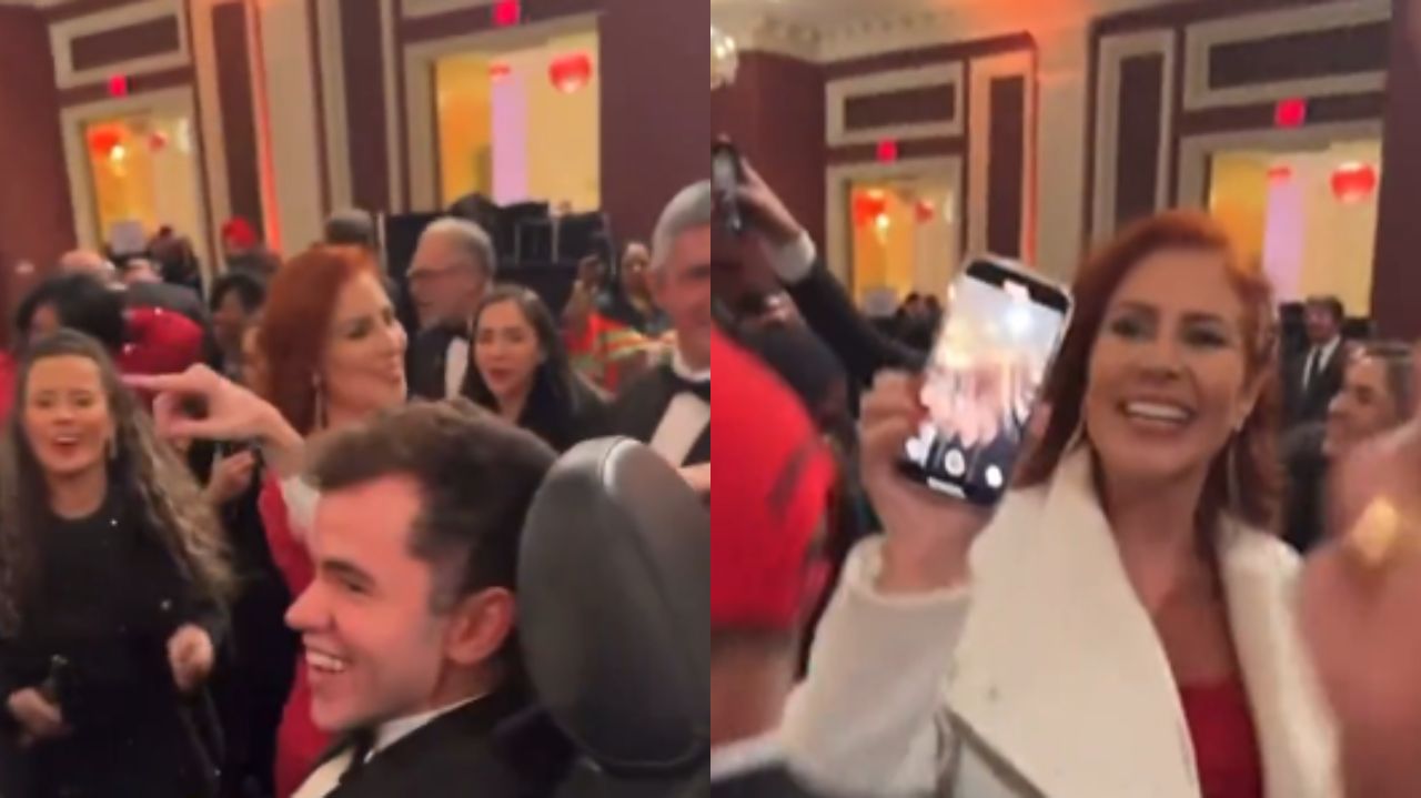 Montagem de duas fotos de Carla Zambelli e outros bolsonaristas cantando e dançando