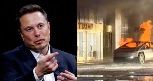 Montagem de fotos do bilionário Elon Musk e um registro de explosão