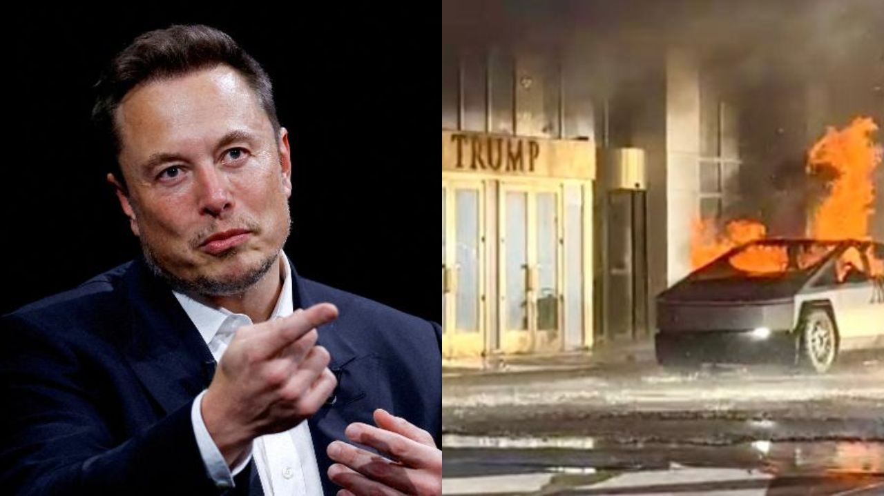 Montagem de fotos do bilionário Elon Musk e um registro de explosão