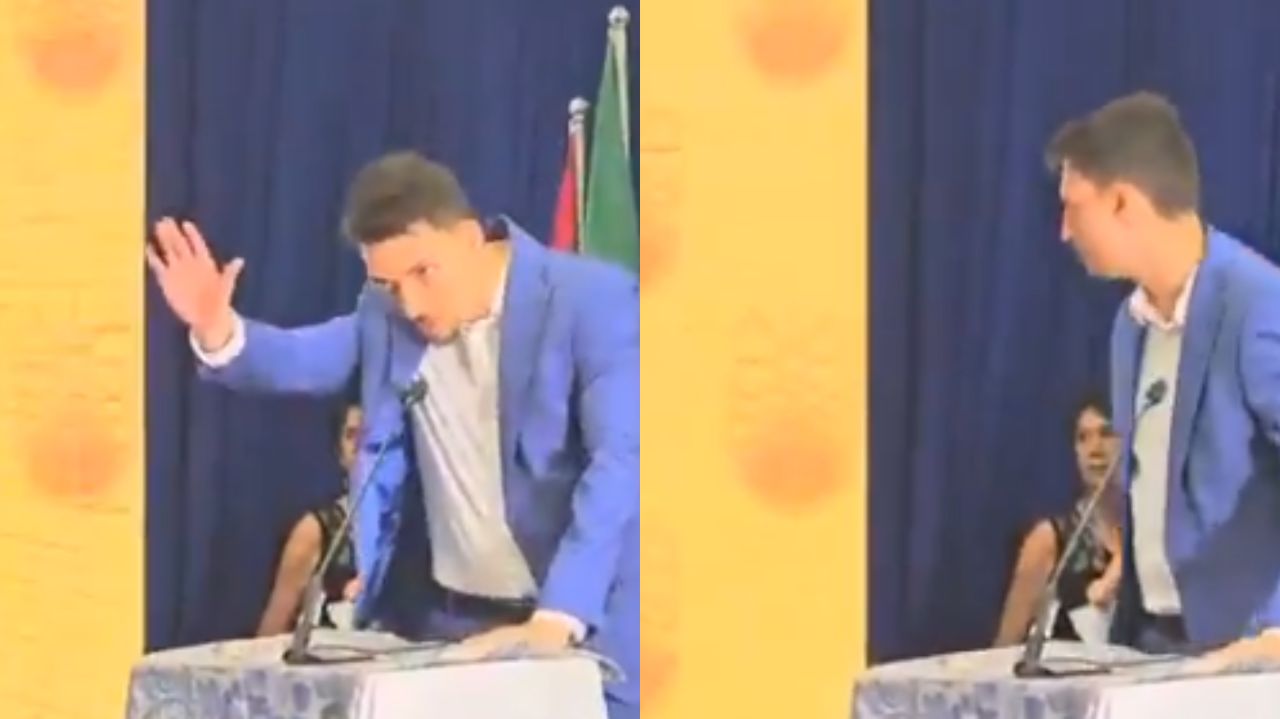 Montagem de duas fotos de Jair Renan Bolsonaro (PL) em posse como vereador em Balneário Camboriú