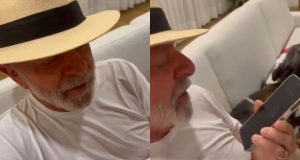 Montagem de duas fotos do presidente Luiz Inácio Lula da Silva (PT) segurando celular e falando