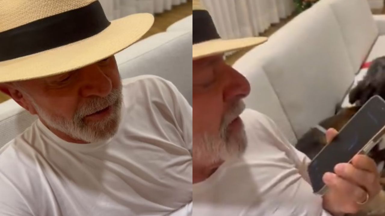 Montagem de duas fotos do presidente Luiz Inácio Lula da Silva (PT) segurando celular e falando