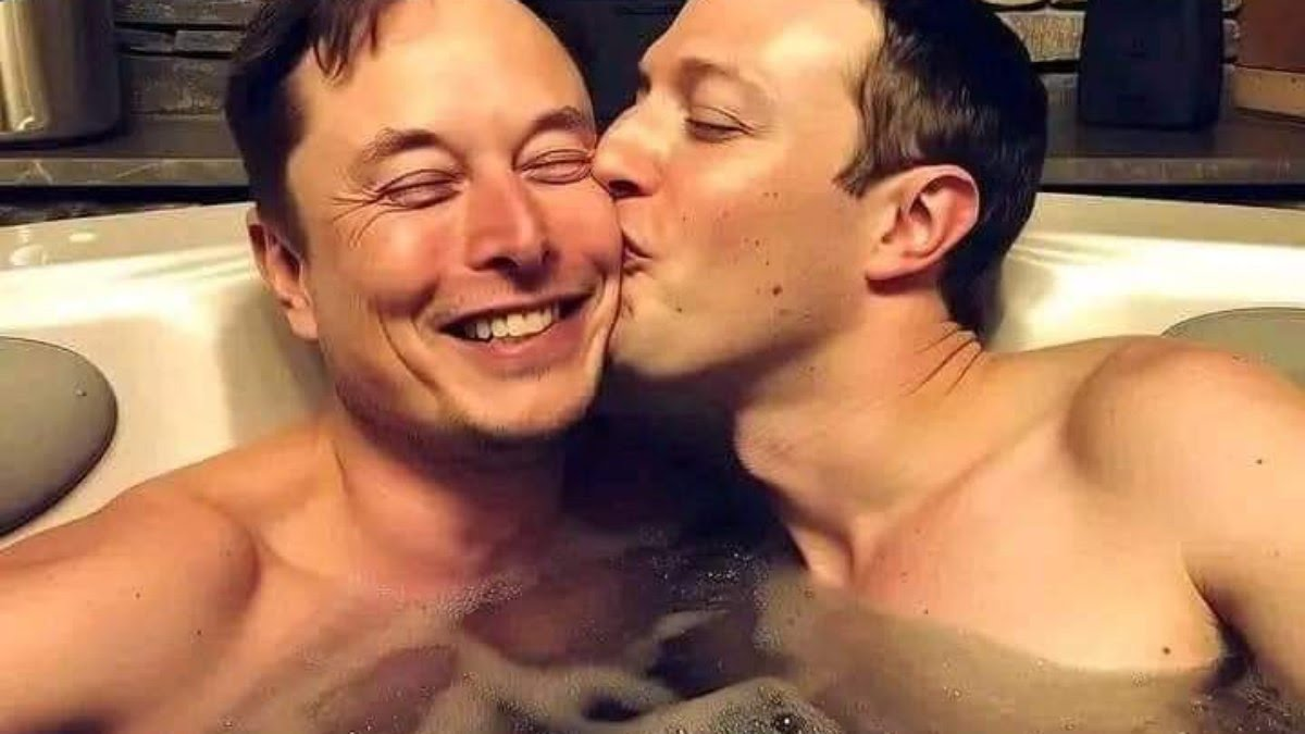 Elon Musk e Mark Zuckerberg em imagem gerada por Inteligência Artificial, sem roupa, em banheira, sorrindo e dando beijo no rosto