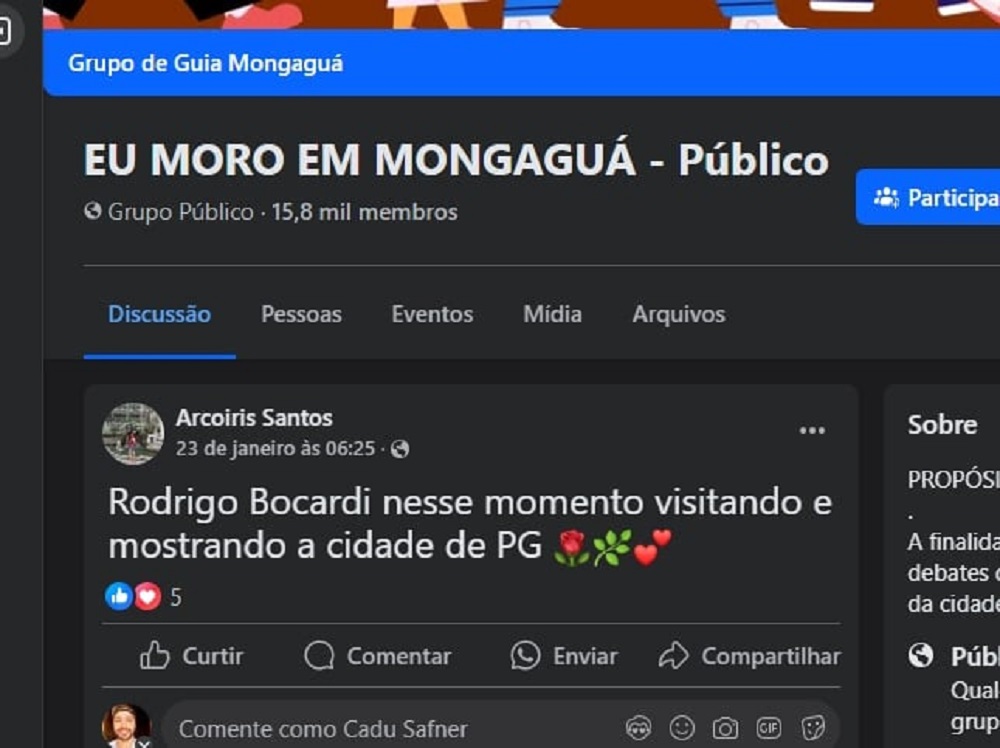 Print de postagem no Facebook sobre Rodrigo Bocardi em Mongaguá