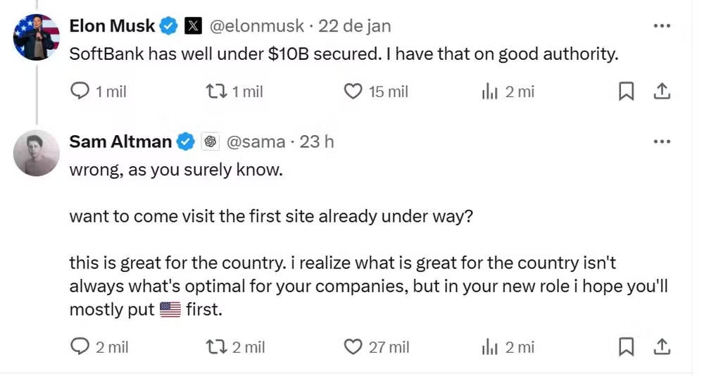 Print de troca de tweets entre Musk e Altman