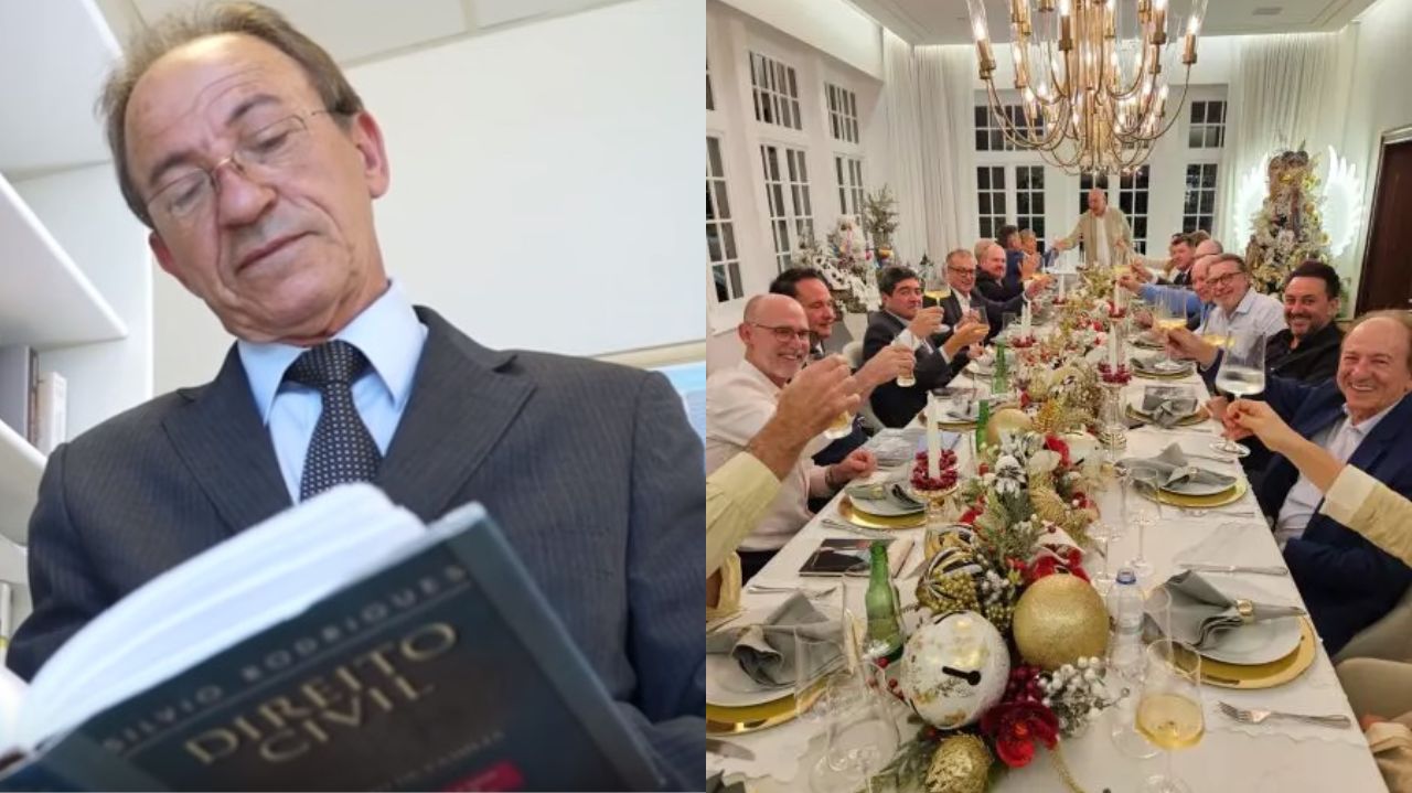 Montagem de fotos do desembargador Saul Steil e clique de jantar com Hang