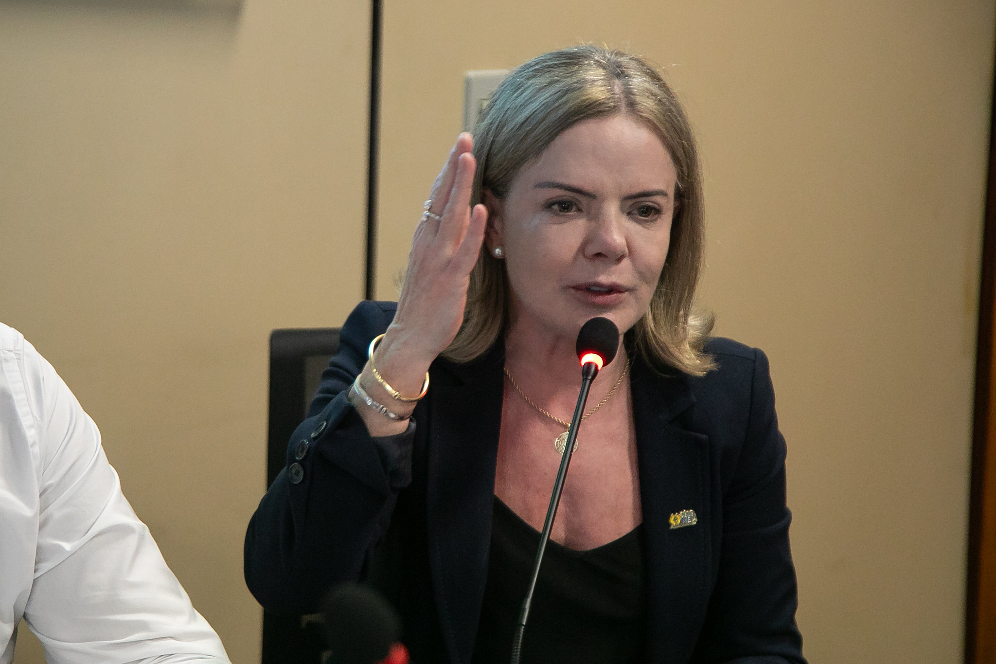 deputada federal Gleisi Hoffmann (PT) de roupa social preta e cabelo solto, séria, falando em microfone e gesticulando