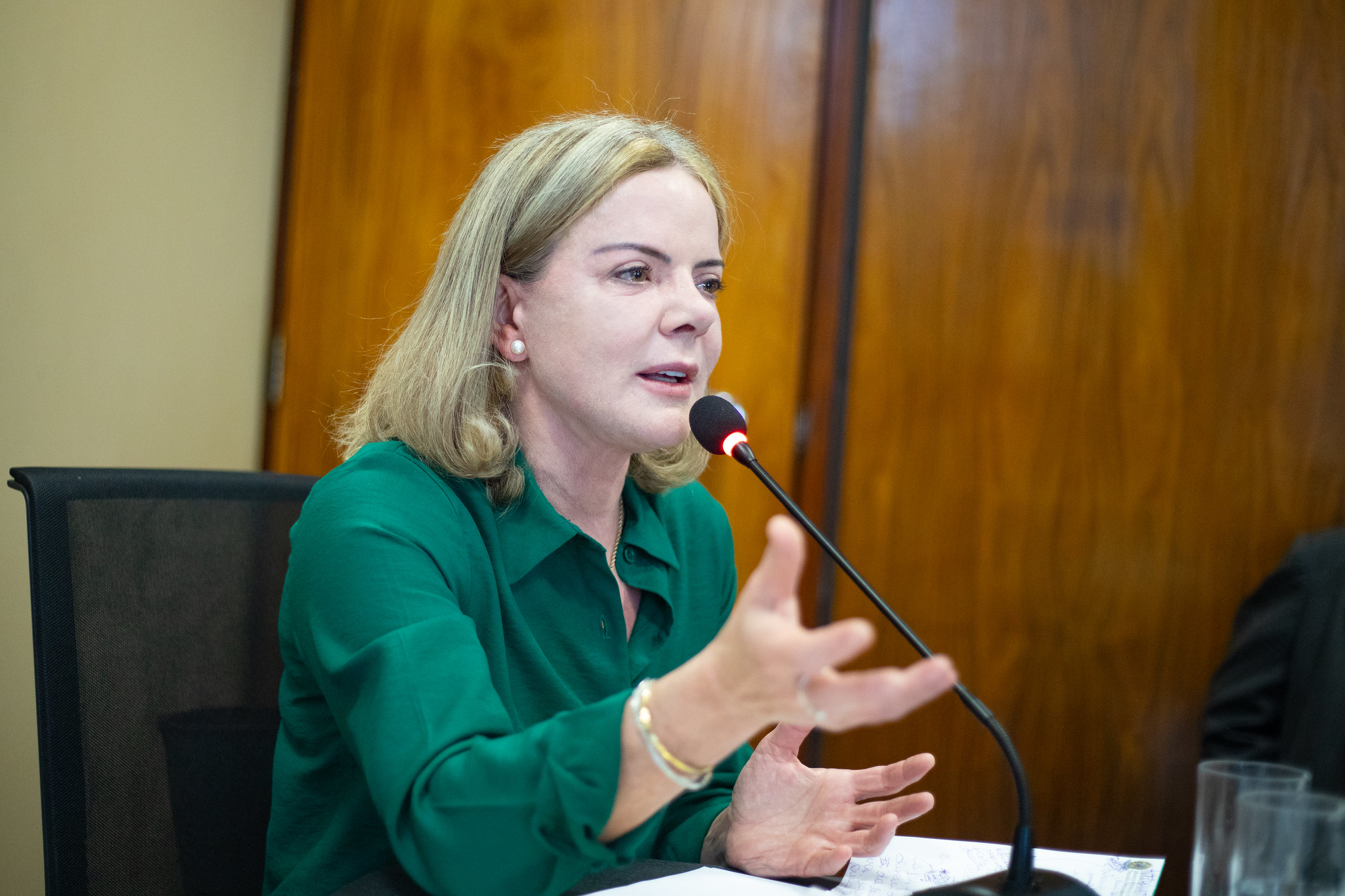 A deputada federal Gleisi Hoffmann (PT) de roupa verde, falando em microfone e gesticulando, de perfil
