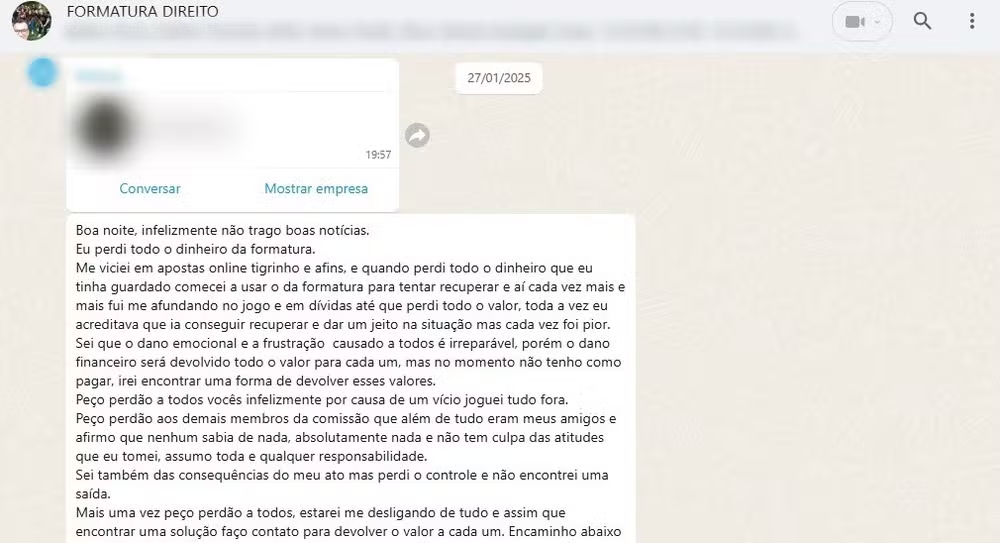 Mensagem enviada por suspeita em grupo de WhatsApp