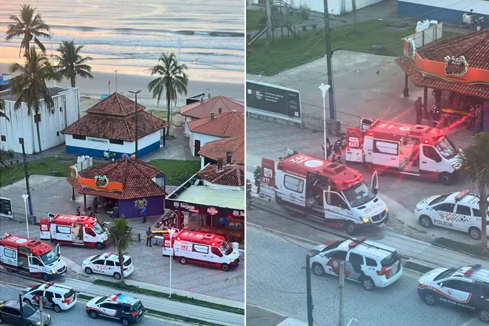 Montagem de duas fotos de ambulâncias do SAMU na orla de Mongaguá