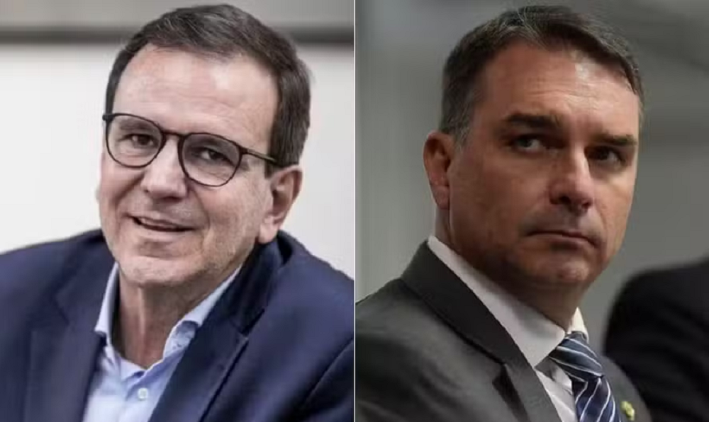 Montagem de fotos de Eduardo Paes (PSD) e Flávio Bolsonaro (PL)