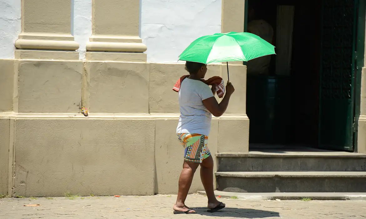 Mulher com sombrinha caminhando na rua e se protegendo do sol