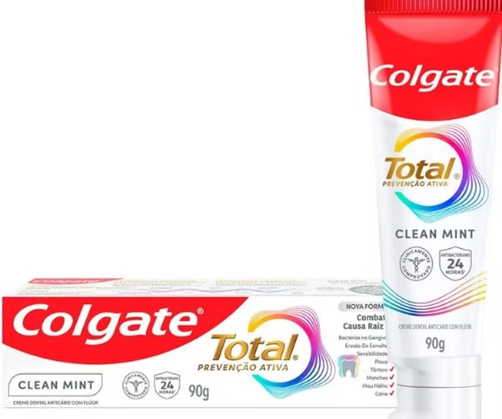 Pasta de dente Colgate Clean Mint na caixa e fora da caixa
