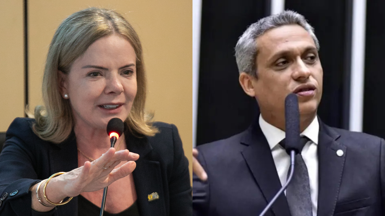 Montagem de fotos de Gleisi Hoffmann e Gustavo Gayer