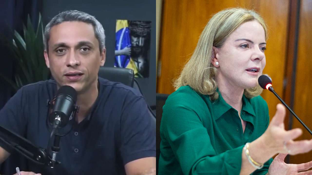 Montagem de fotos de Gustavo Gayer e Gleisi Hoffmann, ele sério e ela falando