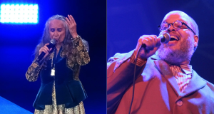Montagem de fotos de Maria Bethânia e Ed Motta cantando em palcos de show