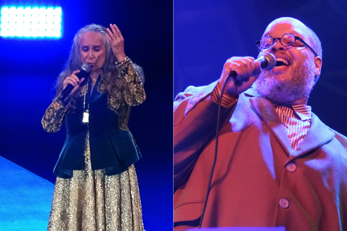 Montagem de fotos de Maria Bethânia e Ed Motta cantando em palcos de show