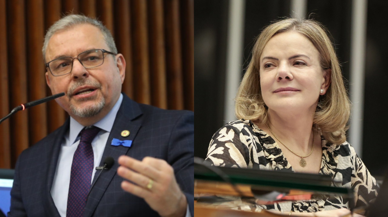Montagem de fotos de deputado estadual paranaense Ricardo Arruda (PL) sério e falando e Gleisi Hoffmann com expressão de satisfação