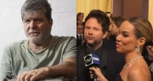 Montagem de fotos de Marcelo Rubens Paiva sozinho e Ana Furtado entrevistando Selton Mello