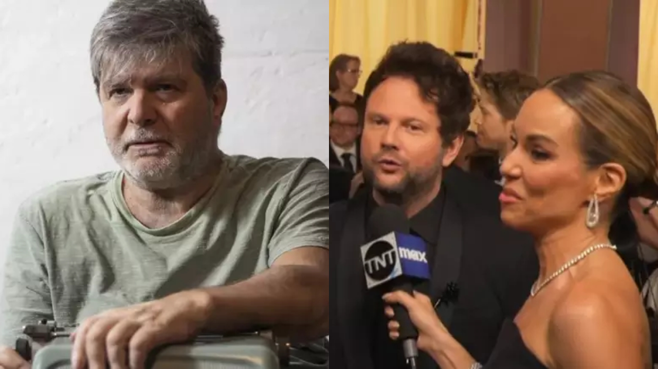 Montagem de fotos de Marcelo Rubens Paiva sozinho e Ana Furtado entrevistando Selton Mello
