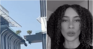 Montagem de fotos de prédio na Tailândia e a modelo baiana Vanessa Amorim falando