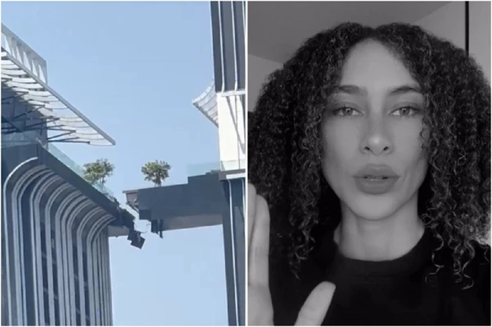 Montagem de fotos de prédio na Tailândia e a modelo baiana Vanessa Amorim falando