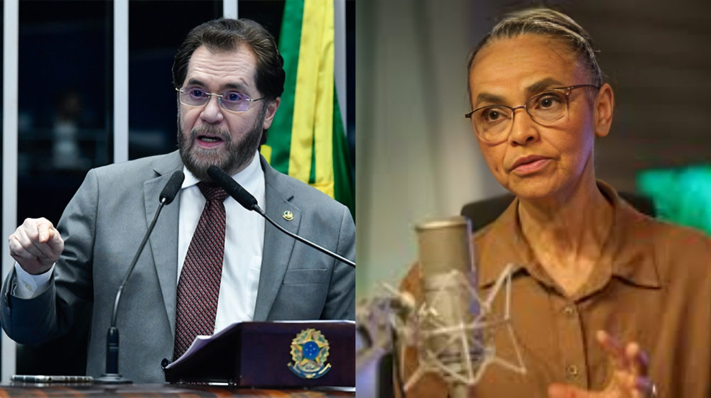 Montagem de fotos de Plínio Valério e Marina Silva, ambos sérios e falando