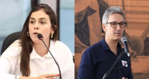 Montagem de fotos de A deputada estadual Lohanna França (PV) e o governador de Minas Gerais, Romeu Zema (Novo), ambos sérios e falando