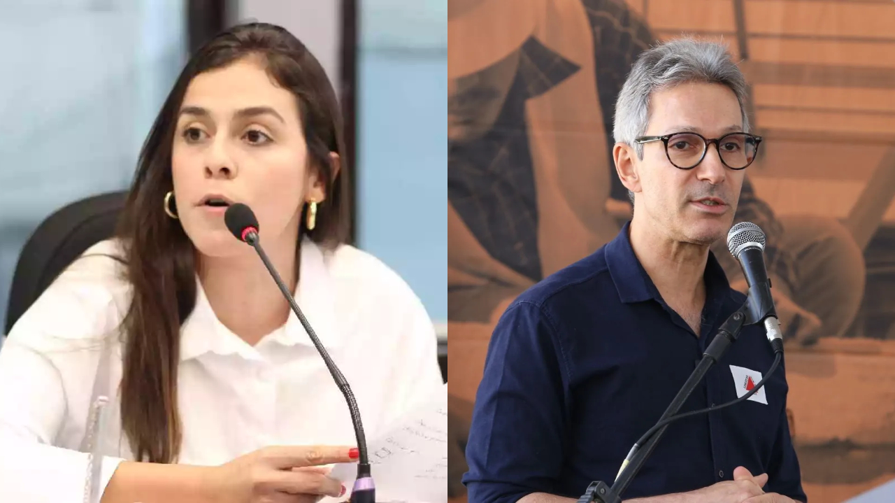 Montagem de fotos de A deputada estadual Lohanna França (PV) e o governador de Minas Gerais, Romeu Zema (Novo), ambos sérios e falando