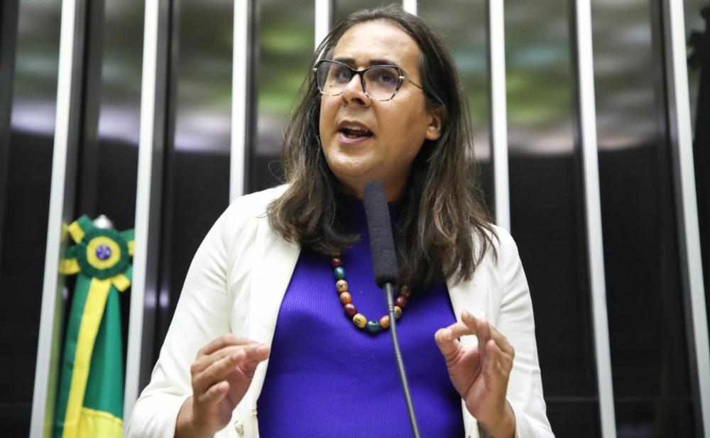 Duda Salabert (PDT-MG) de roupa azul e branca, falando e gesticulando, olhando para o lado, de cabelo solto
