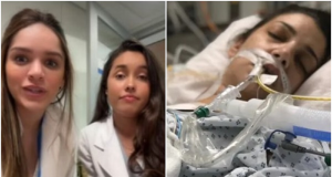 Montagem de fotos de duas estudantes falando para a câmera e paciente desacordada