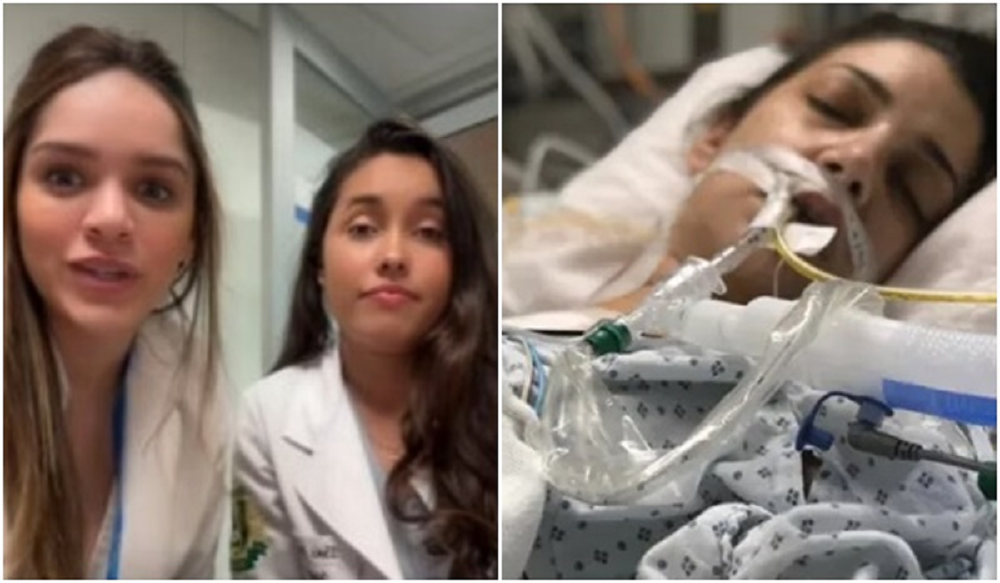 Montagem de fotos de duas estudantes falando para a câmera e paciente desacordada