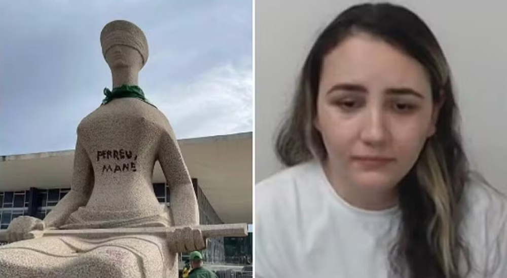 Montagem de fotos de estátua pixada e Débora dos Santos séria, de cabelo solto e camiseta branca