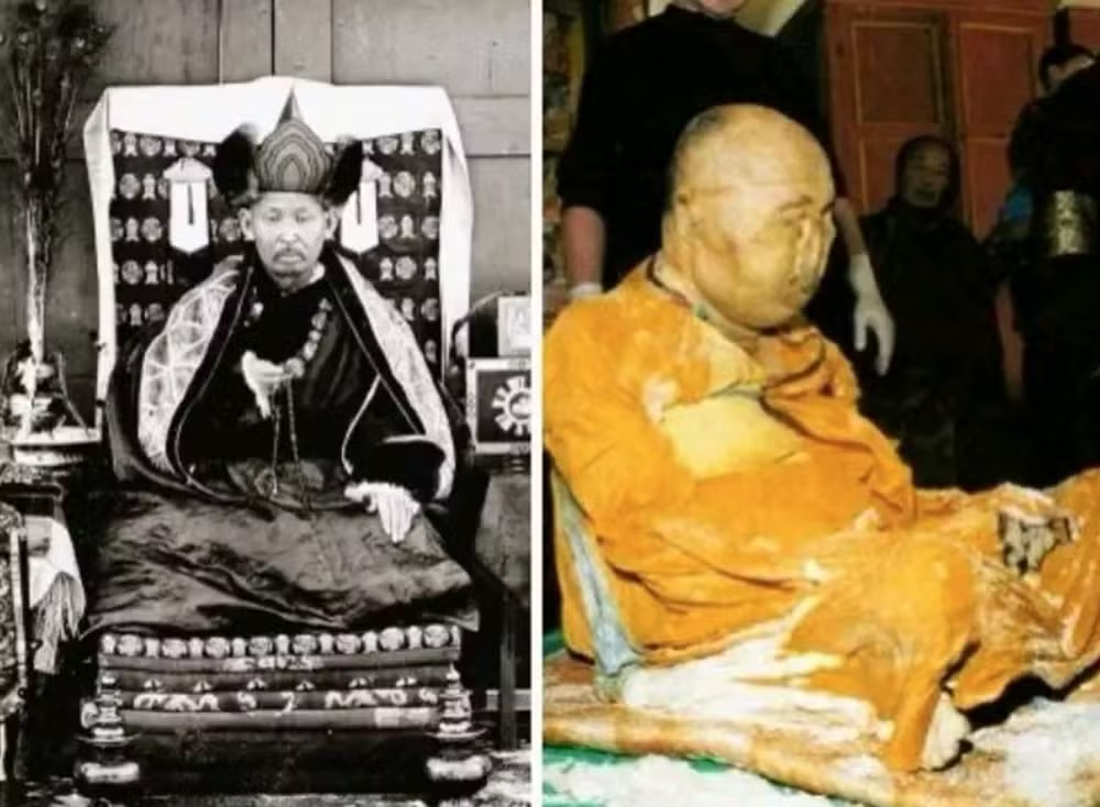 Montagem de duas fotos de monge budista antes e depois da mumificação
